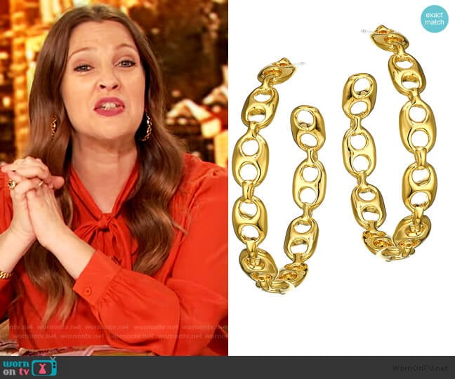 18K Yellow Goldplated Chain Link Hoop Earrings by Lizzie Fortunato worn by Drew Barrymore on The Drew Barrymore Show