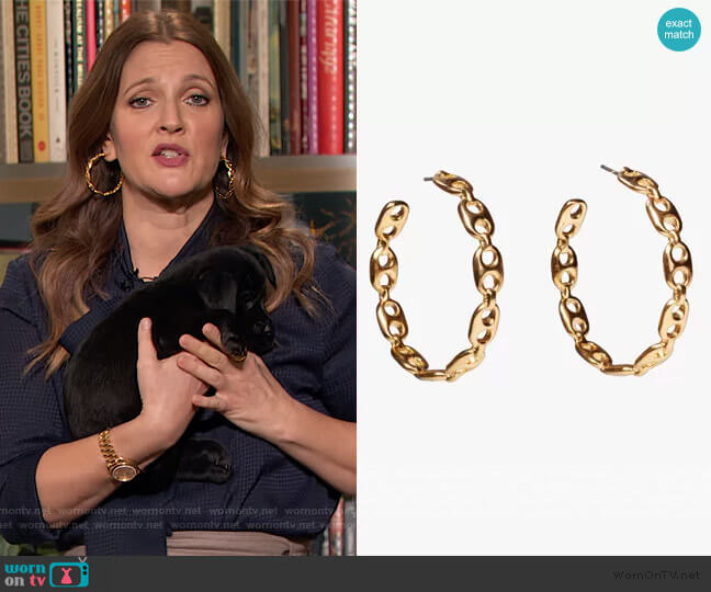 Chain Link Hoop Earrings by Lizzie Fortunato worn by Drew Barrymore on The Drew Barrymore Show