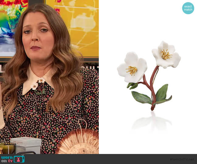 Ceramic and Gem-Set Flower Brooch by Luz Camino worn by Drew Barrymore  on The Drew Barrymore Show