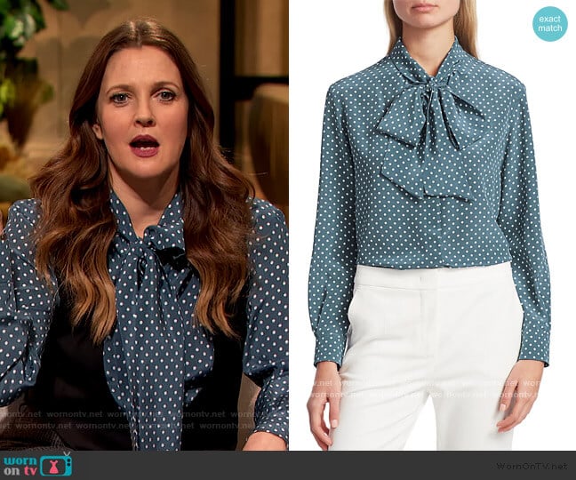 Bali Polka-Dot Silk Tieneck Blouse by Max Mara worn by Drew Barrymore on The Drew Barrymore Show