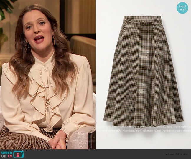 Houndstooth wool midi skirt by Michael Kors worn by Drew Barrymore on The Drew Barrymore Show