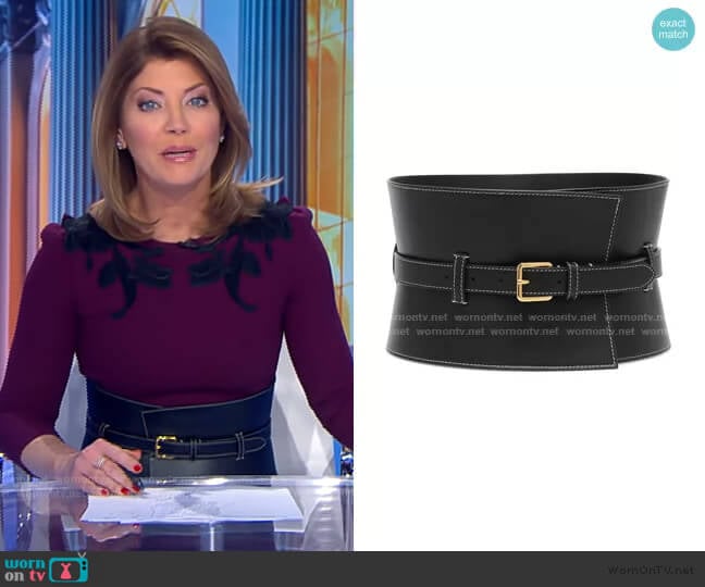 Obie Leather Corset Belt by Altuzarra worn by Norah O'Donnell on CBS Evening News