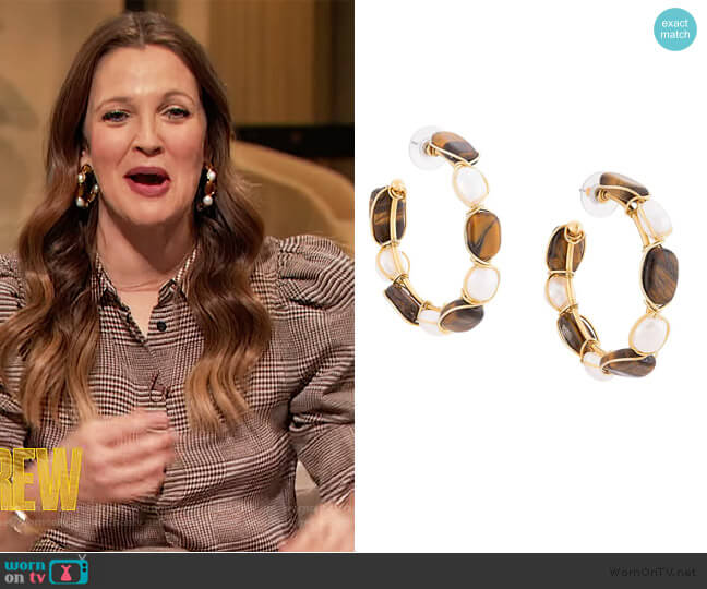 Brown Tiger Eye Hoop Earrings by Oscar De La Renta worn by Drew Barrymore  on The Drew Barrymore Show