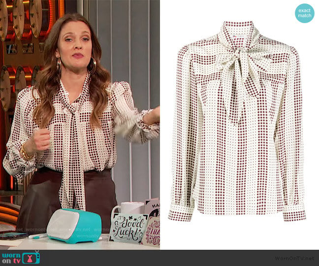 geometric-print silk blouse by Ports 1961 worn by Drew Barrymore  on The Drew Barrymore Show