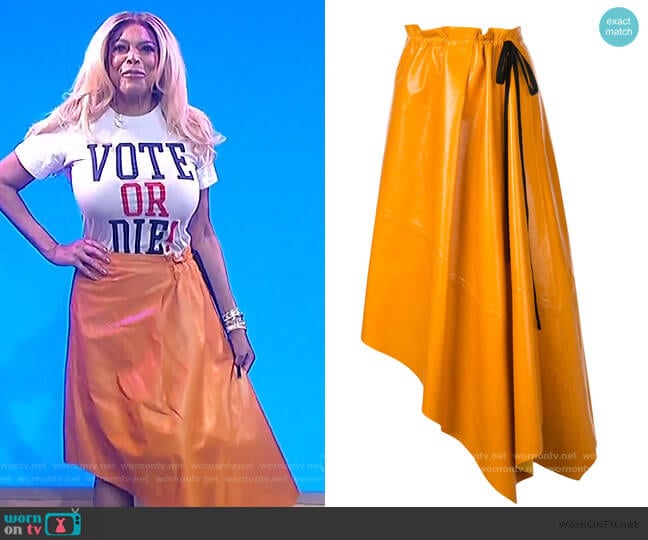 Asymmetrical Shiny Leather Mid Skirt by Proenza Schouler worn by Wendy Williams on The Wendy Williams Show