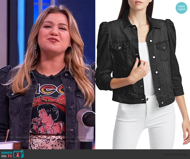 Ada Puff-Sleeve Distressed Denim Jacket by Retrofete worn by Kelly Clarkson on The Kelly Clarkson Show