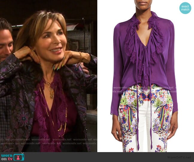 Ruffled Self-Tie Silk Blouse by Roberto Cavalli worn by Kate Roberts (Lauren Koslow) on Days of our Lives