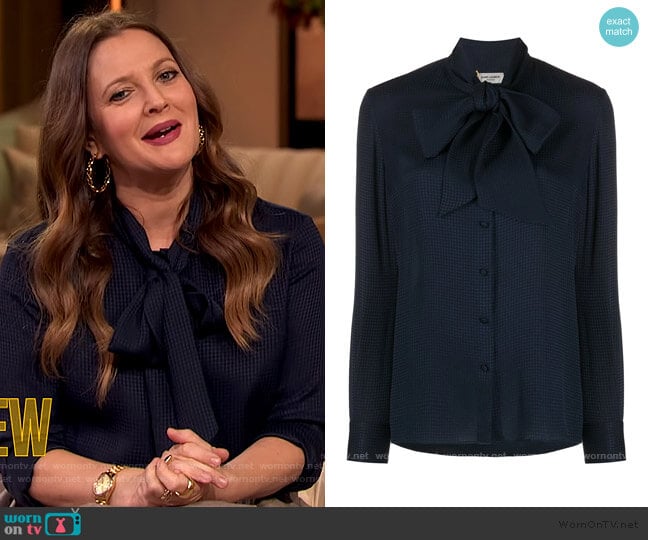 Pussy Bow Detail Shirt by Saint Laurent worn by Drew Barrymore on The Drew Barrymore Show