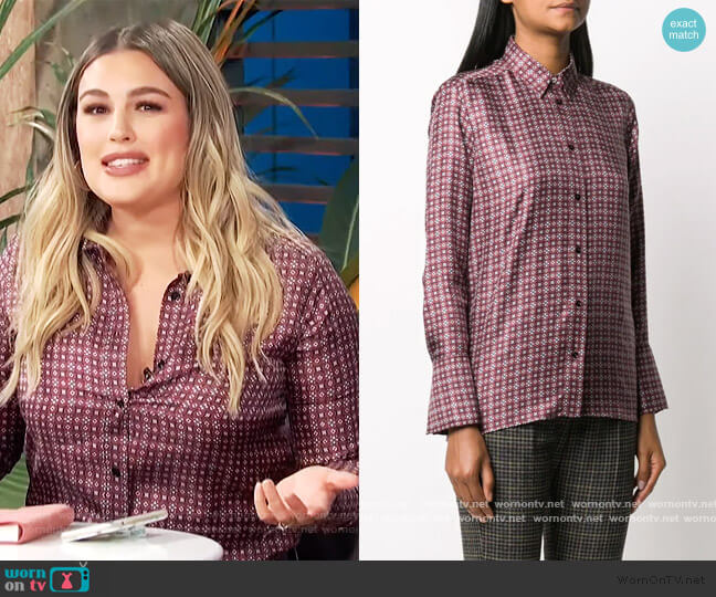 eometric floral-print silk-twill shirt by Sandro worn by Carissa Loethen Culiner on E! News