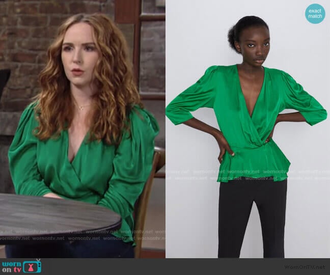 Sateen Wrap Blouse by Zara worn by Mariah Copeland (Camryn Grimes) on The Young and the Restless