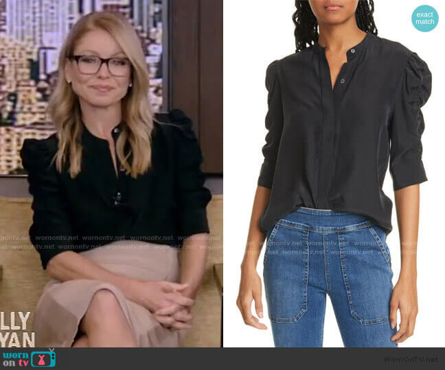 Shirred Sleeve Silk Blouse by Frame worn by Kelly Ripa on Live with Kelly and Ryan