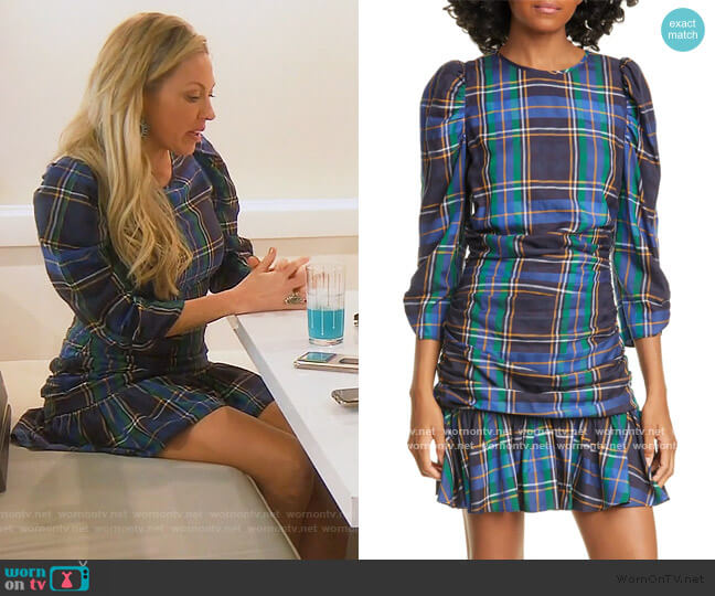 Raven Plaid Puff Sleeve Mini Dress by Tanya Taylor worn by Braunwyn Windham-Burke  on The Real Housewives of Orange County