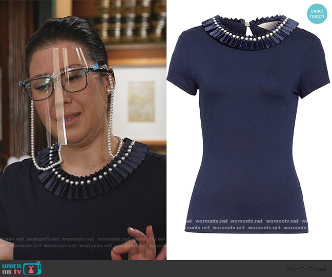 Nikita Blue Embellished Neck Fitted Tee by Ted Baker worn by Sherri Kansky (Ruthie Ann Miles) on All Rise