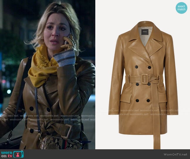 Theory Belted double-breasted leather coat worn by Cassie Bowden (Kaley Cuoco) on The Flight Attendant