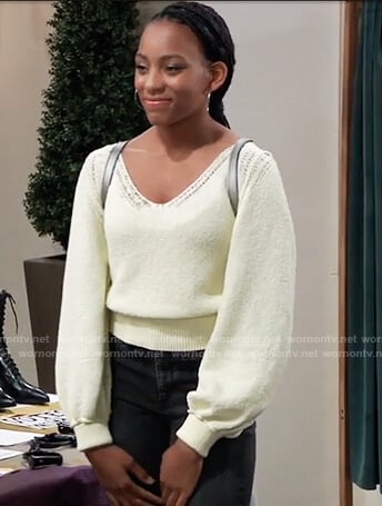 Trina’s yellow open stitch sweater on General Hospital