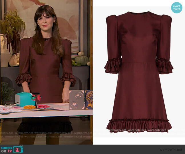 WornOnTV: Zooey Deschanel’s burgundy ruffle dress on The Drew Barrymore ...