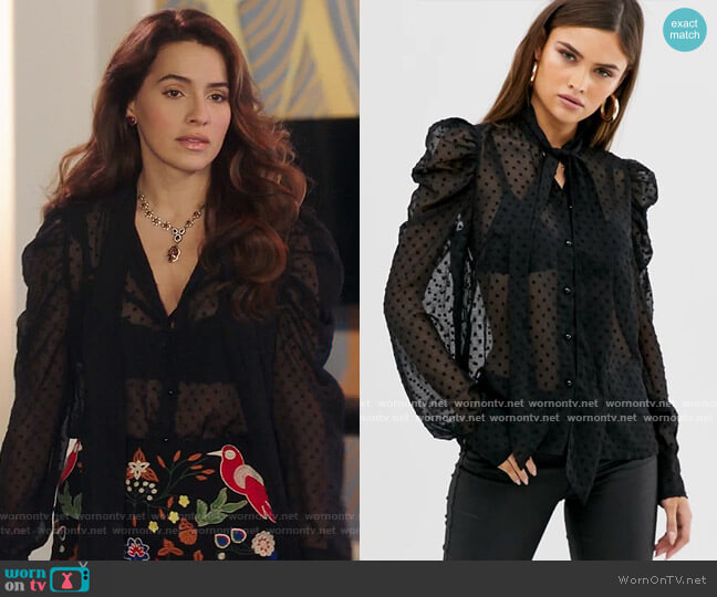 Y.A.S pussy bow polka dot sheer blouse with puff sleeve worn by Ginger Sweet (Melia Kreiling) on Filthy Rich