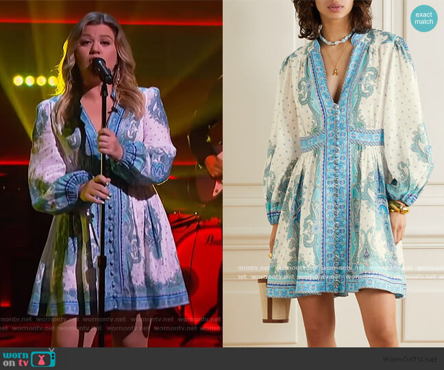 Bells paisley-print linen mini dress by Zimmermann worn by Kelly Clarkson  on The Kelly Clarkson Show