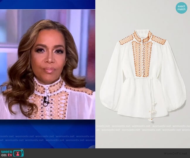 Brighton embellished embroidered ramie blouse by Zimmermann worn by Sunny Hostin on The View