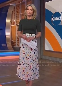 Amy’s green sweater and printed midi skirt on Good Morning America