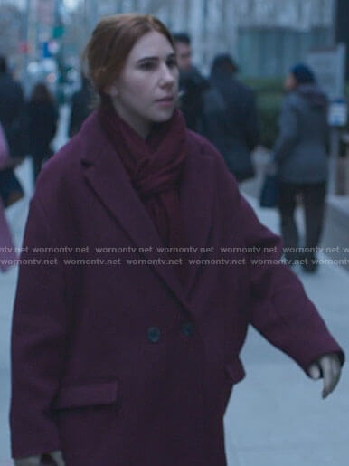 Annie's burgundy oversized coat on The Flight Attendant