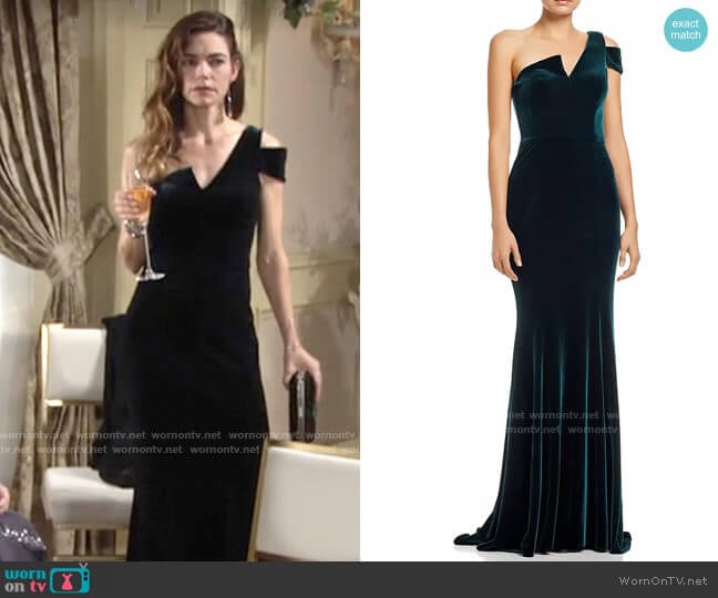 Aqua Velvet One-Shoulder Gown worn by Victoria Newman (Amelia Heinle) on The Young and the Restless