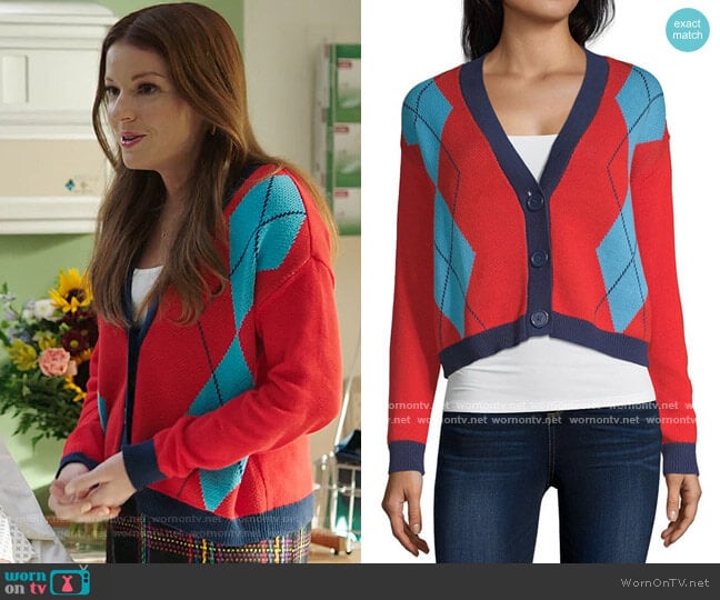 Arizona V Neck Long Sleeve Argyle Cardigan worn by Rose Monreaux (Aubrey Dollar) on Filthy Rich