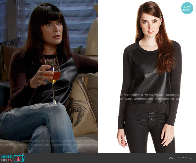 Bailey 44 Snowboard Faux Leather Panel Cashmere Blend Sweater worn by Quinn Fuller (Rena Sofer) on The Bold and the Beautiful