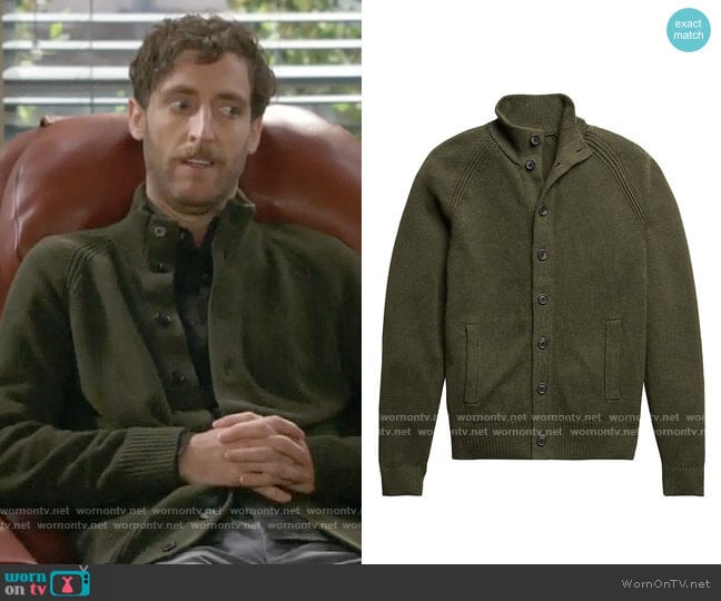 Banana Republic Cedar Olive Green Organic Cotton Sweater Jacket worn by Drew Dunbar (Thomas Middleditch) on B Positive