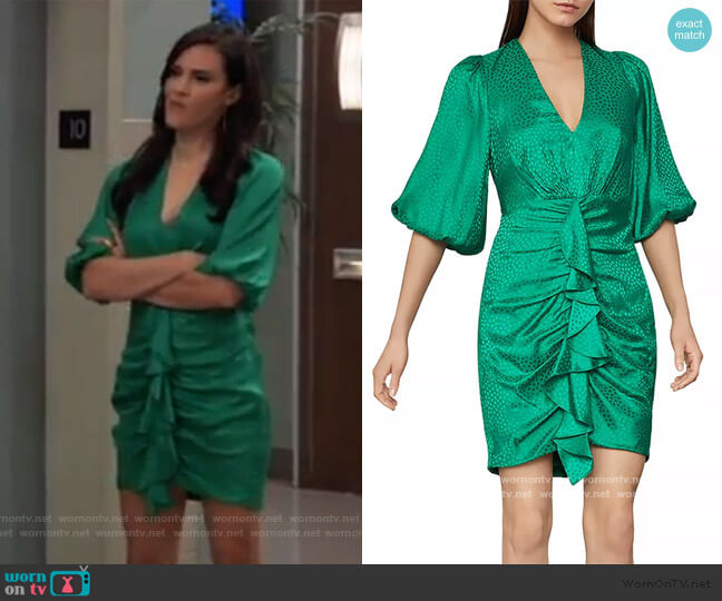 WornOnTV: Brook-Lyn’s green satin ruffle front dress on General ...