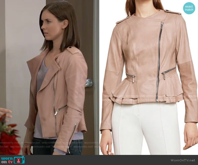 Bcbgmaxazria Leather Peplum Jacket worn by Willow Tait (Katelyn MacMullen) on General Hospital