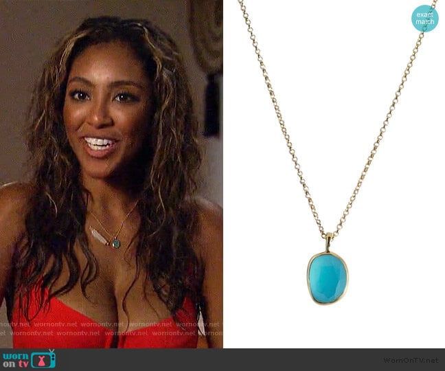 Keaton Aqua Chalcedony Gold Necklace by Brooklyn worn by Tayshia Adams on The Bachelorette