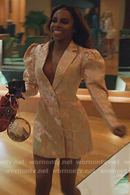 Candiace’s pink floral metallic blazer dress on The Real Housewives of Potomac