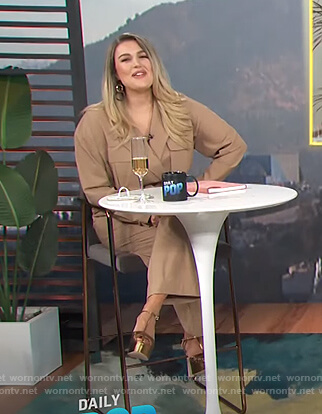 Carissa’s beige cargo jumpsuit on E! News Daily Pop