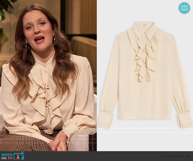 Blouse with Double Jabot in Silk Crepe by Celine worn by Drew Barrymore on The Drew Barrymore Show