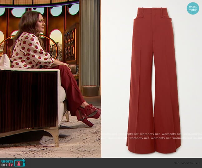 Grain de poudre wool-blend wide-leg pants by Chloe worn by Drew Barrymore on The Drew Barrymore Show