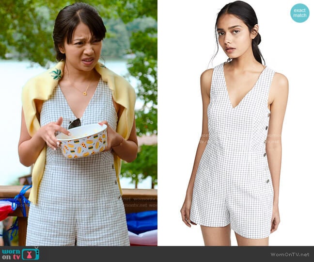 Club Monaco Cahdell Romper worn by Liz (Cynthy Wu) on Holidate (2020)