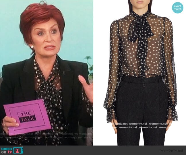 polka dot pussy bow blouse by Dolce & Gabbana worn by Sharon Osbourne on The Talk