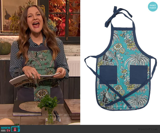 Tropical Toile Apron by Drew Barrymore Flower Home worn by Drew Barrymore on The Drew Barrymore Show