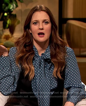 Drew's blue polka dot tie neck blouse on The Drew Barrymore Show