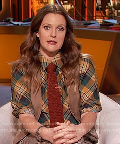 Drew’s green plaid shirt and check pants on The Drew Barrymore Show