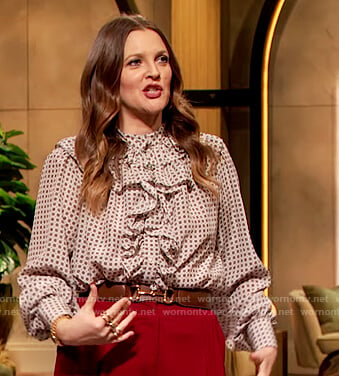 Drew’s white polka dot ruffle blouse on The Drew Barrymore Show