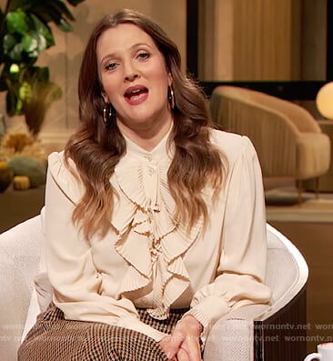 Drew’s cream ruffle front blouse on The Drew Barrymore Show