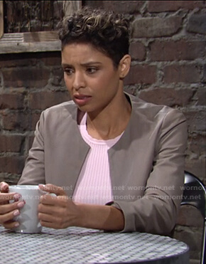 Elena’s grey leather jacket on The Young and the Restless