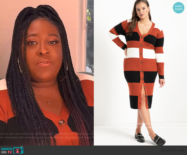 Striped Cardigan Sweater Dress by Eloquii worn by Loni Love on The Real