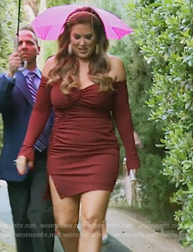 Emily’s red off shoulder mini dress on The Real Housewives of Orange County