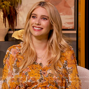Emma Roberts's yellow floral ruffle dress on The Drew Barrymore Show