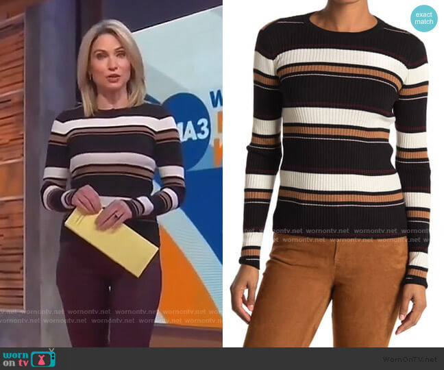 Panel Stripe Ribbed Knit Crew Neck Sweater by Frame worn by Amy Robach  on Good Morning America