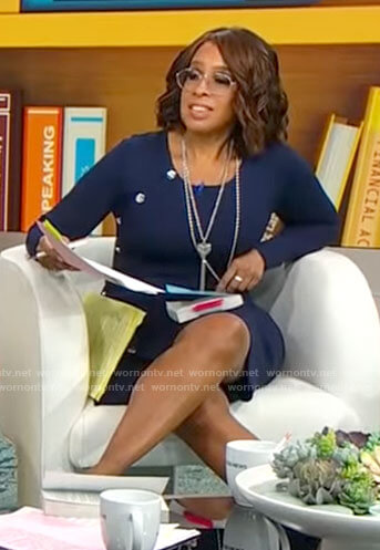 Gayle King’s navy buttoned knitted dress on CBS This Morning