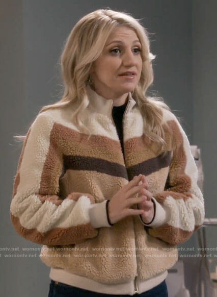 Gina’s brown striped teddy jacket on B Positive